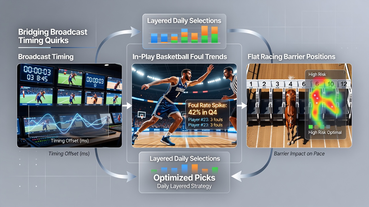 Broadcast delay visualization alongside basketball court and flat racing starting gates