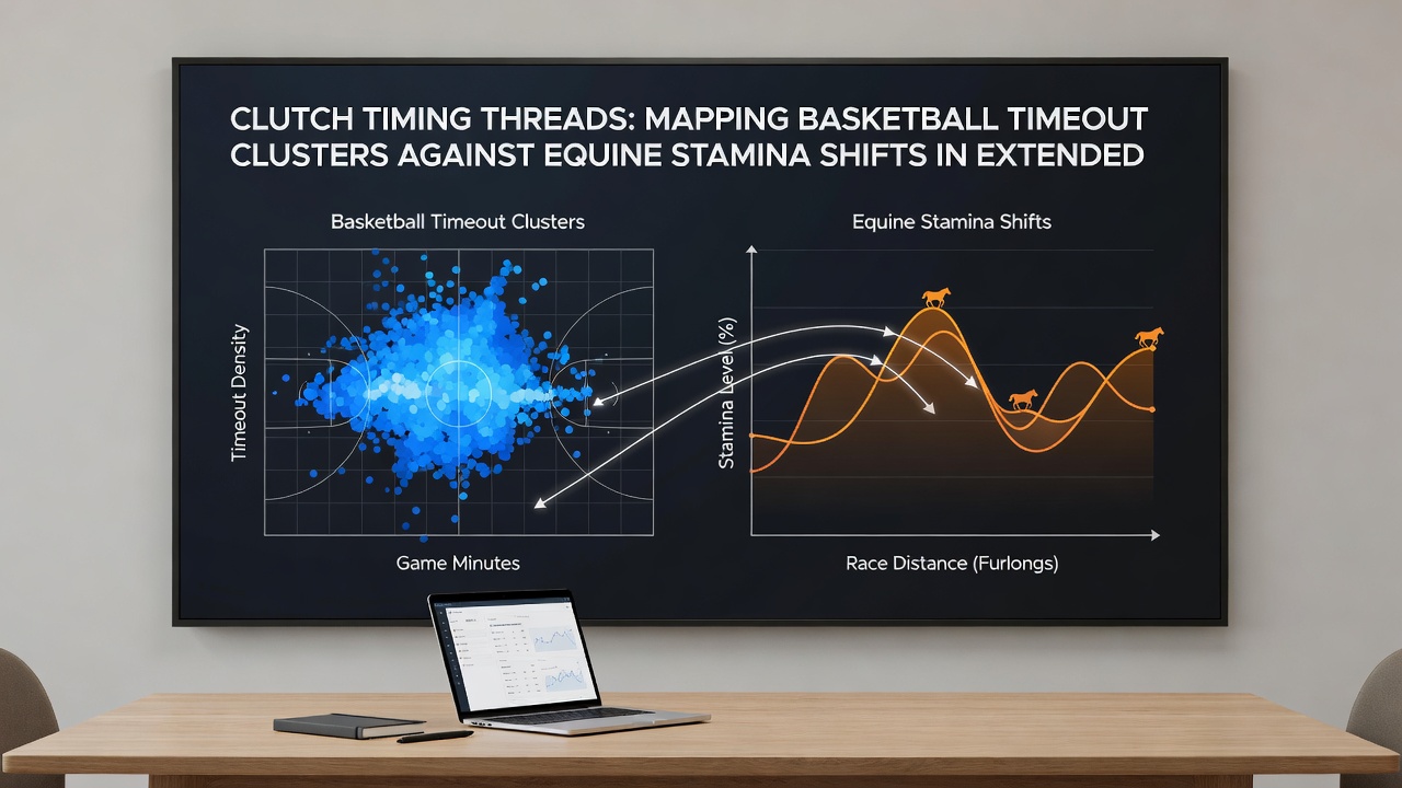 Charts showing stamina decline curves in thoroughbred distance races aligned with basketball game timeout distributions