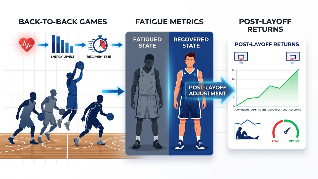 Data visualization charts showing correlations between basketball fatigue metrics and horse racing post-layoff performance trends