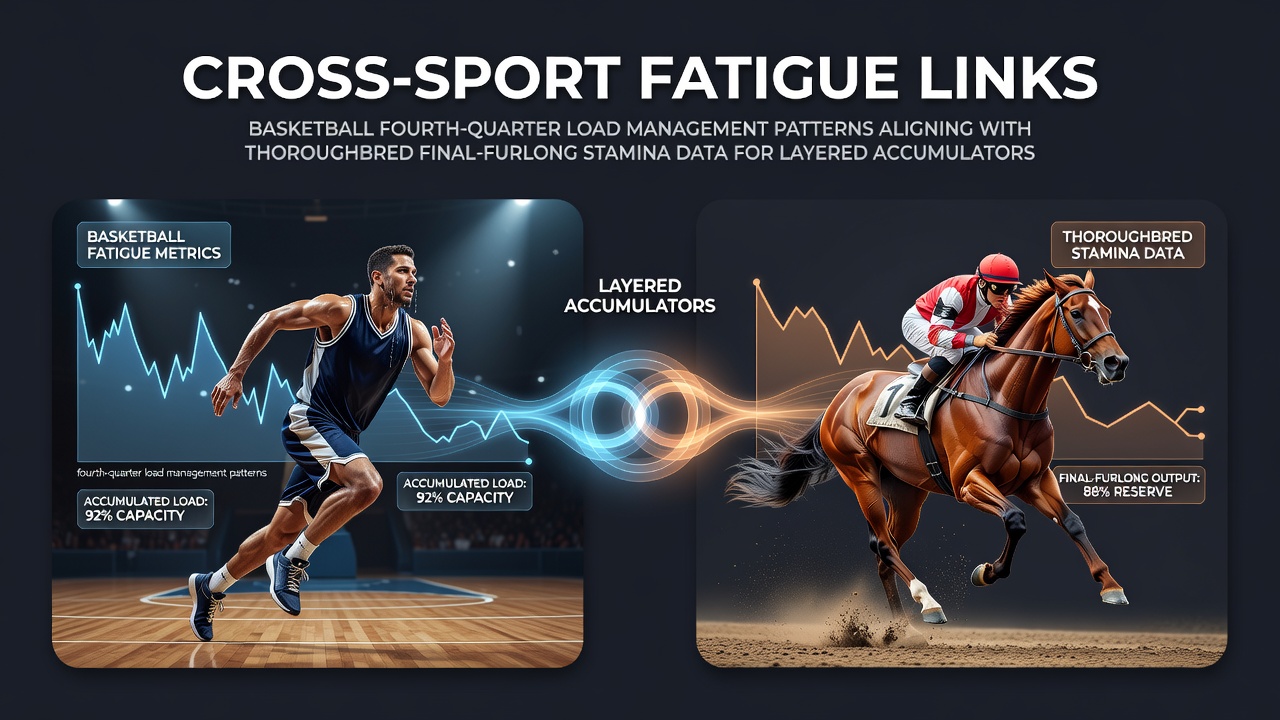 Basketball player managing load in the fourth quarter alongside a thoroughbred horse in the final furlong of a race