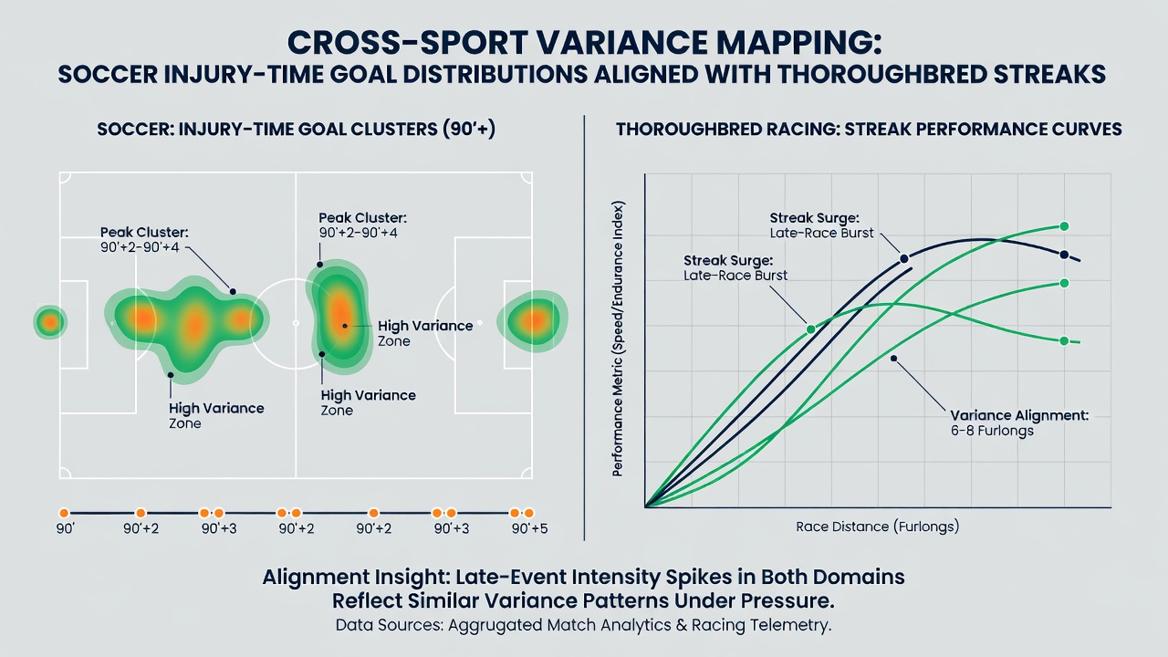 Data visualization charts showing soccer stoppage-time goal distributions overlaid with thoroughbred stretch-run pace metrics for parlay optimization