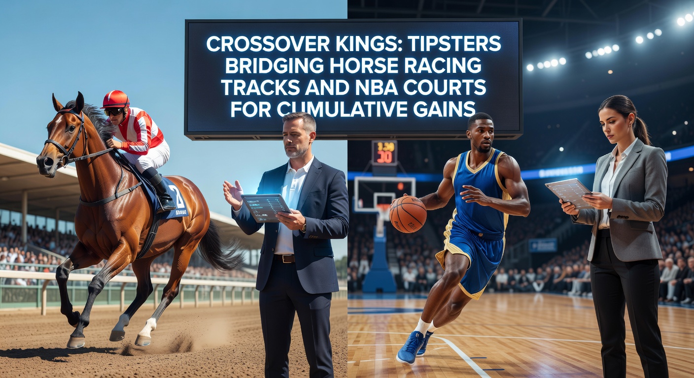 A dynamic split-image showing a horse racing track on one side and an NBA basketball court on the other, with overlaid charts of betting profits rising steadily across both