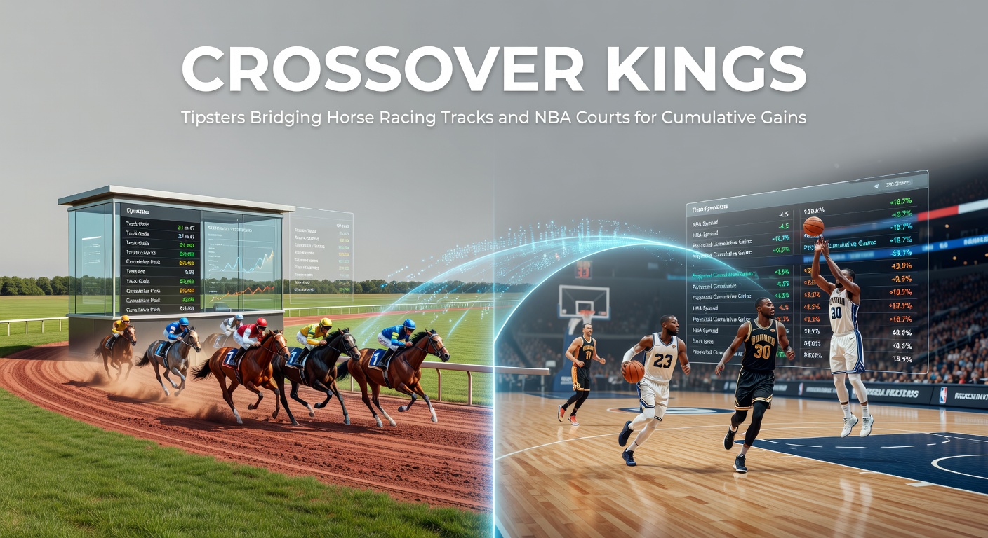 Close-up of a tipster's dashboard displaying live horse racing odds alongside NBA player stats and a rising profit graph connecting both sports