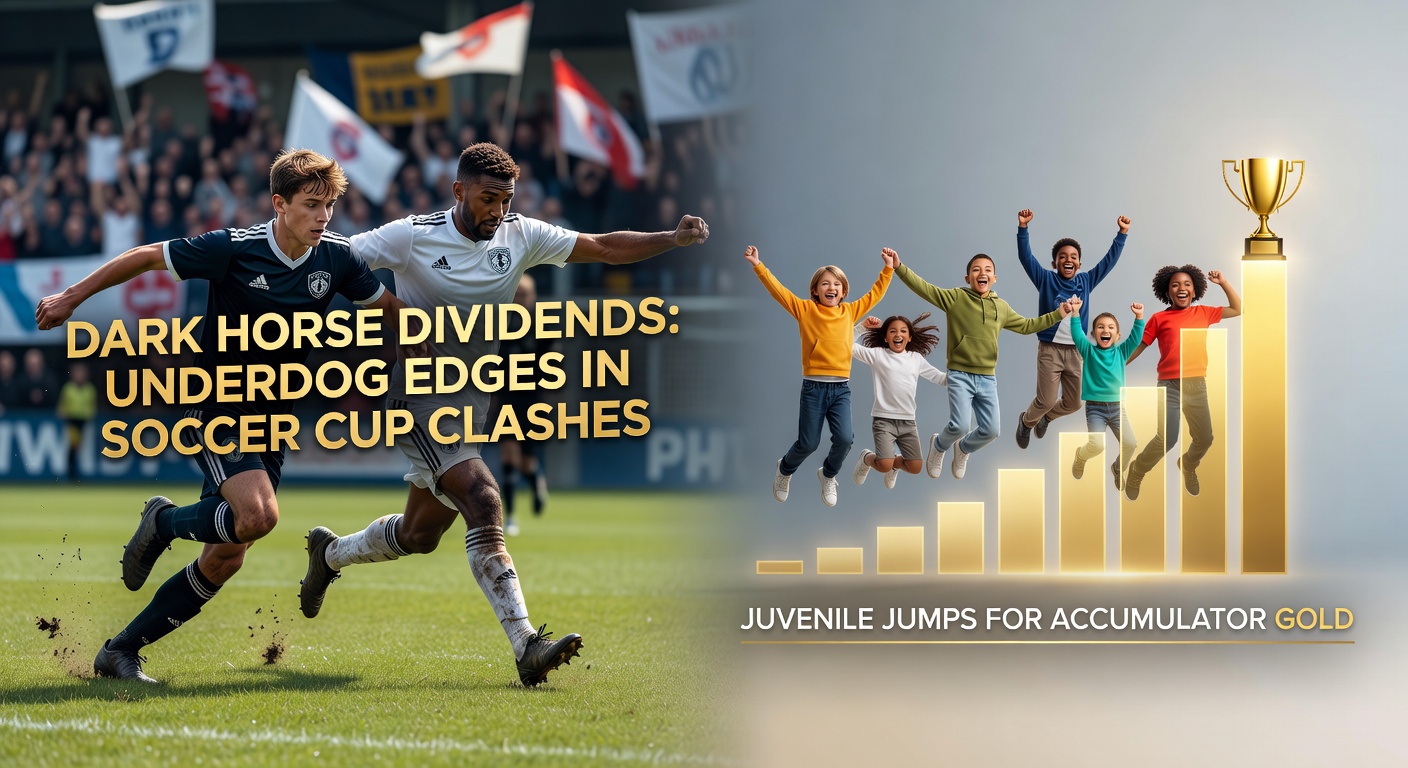 A jubilant underdog soccer team lifts a cup trophy amid roaring fans, capturing the thrill of a surprise victory in a high-stakes knockout clash