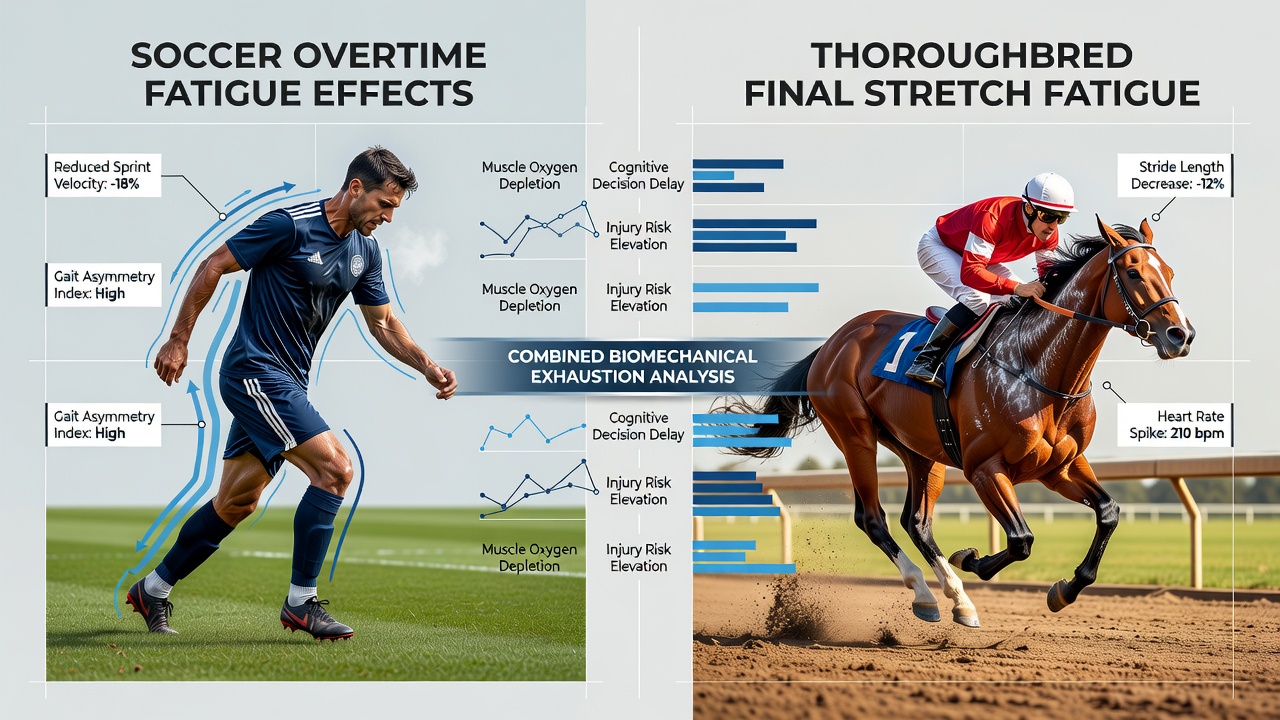Data visualization charts comparing soccer overtime goal frequency with thoroughbred final stretch speed declines