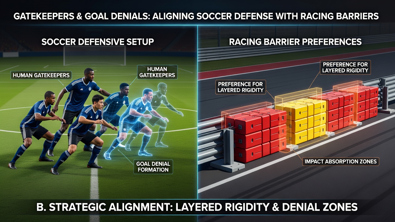 Close-up of soccer goal line defense and a horse emerging from racing barriers at the start
