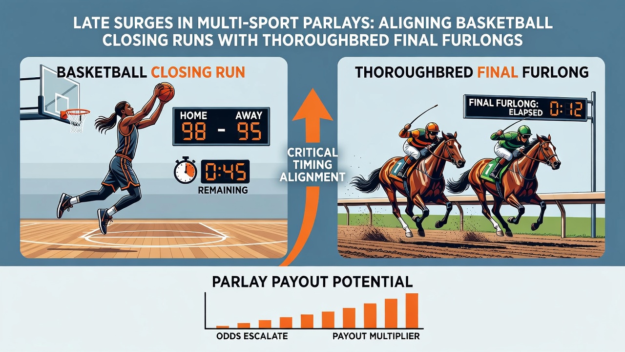Thoroughbred race finish line acceleration captured next to basketball scoreboard showing closing run statistics
