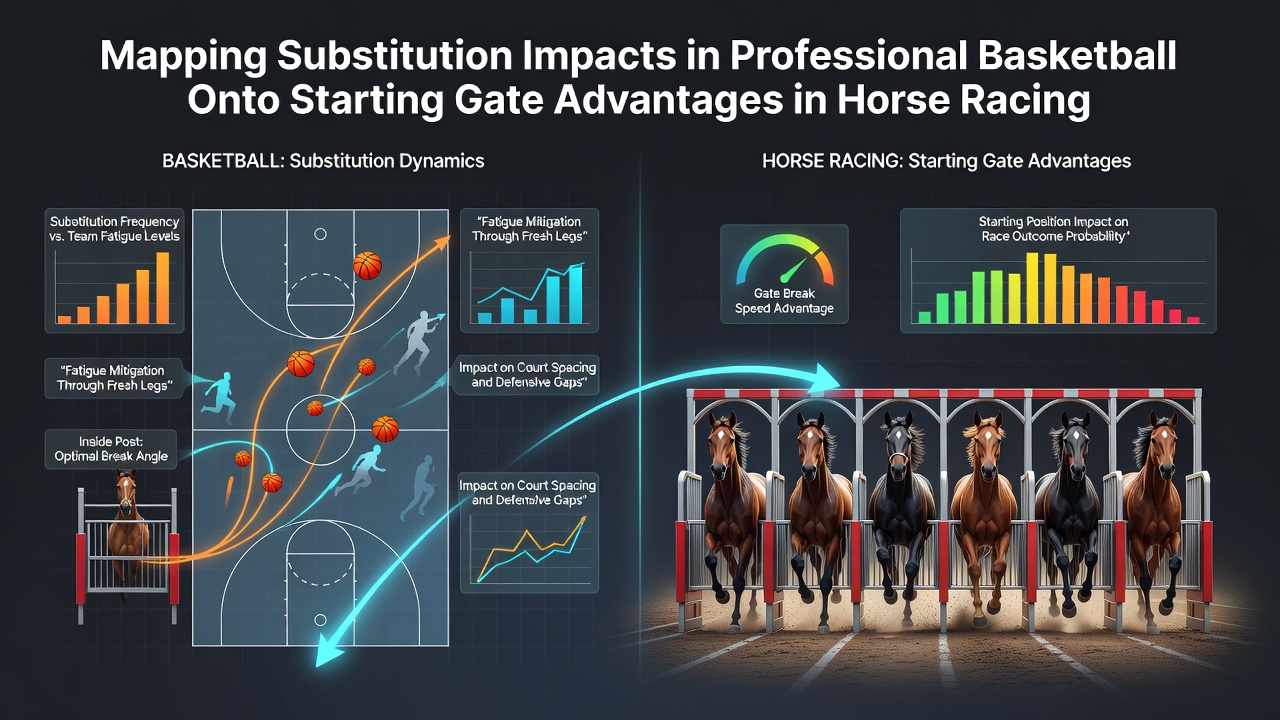 Data visualization mapping basketball bench entry impacts onto horse racing post-position win rates across multiple events