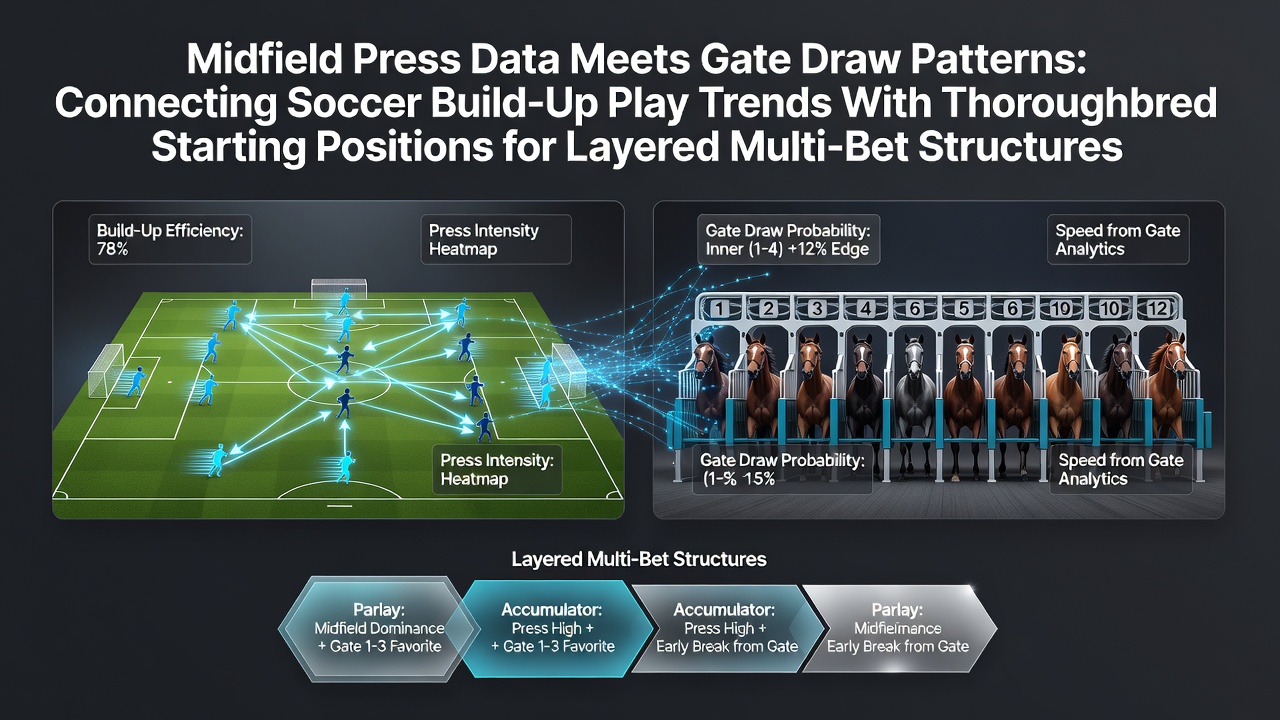 Soccer midfield pressing diagram overlaid with thoroughbred gate draw visualization for betting analysis