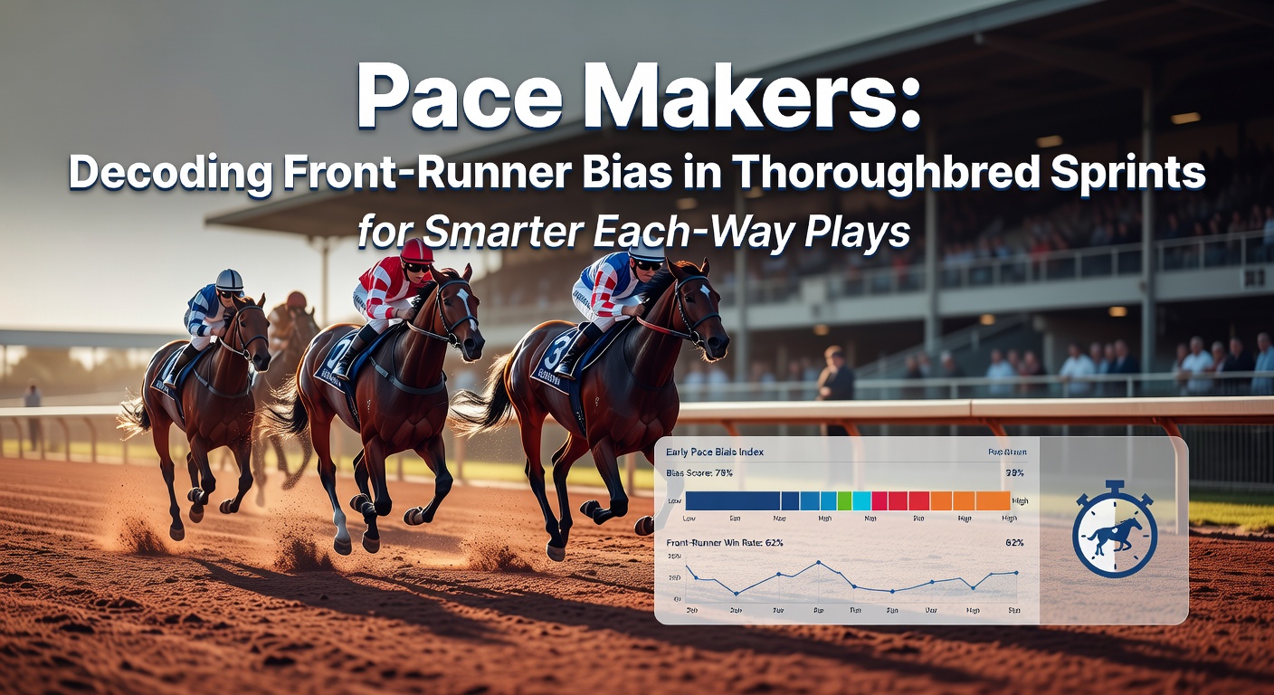 A pack of thoroughbred horses thundering down the straight in a sprint race, with the front-runner pulling clear amid kicking dirt and straining muscles