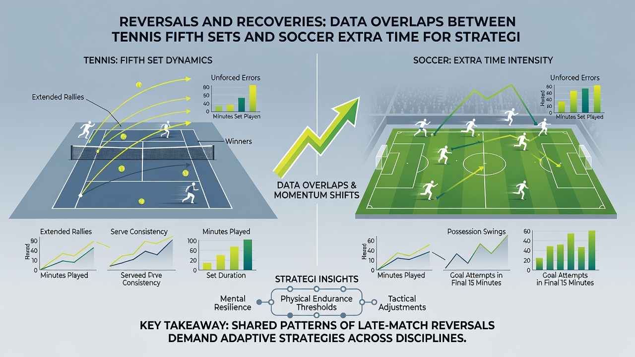 Data charts showing tennis fifth set comeback percentages next to soccer extra time goal timing graphs