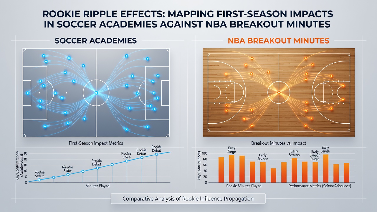 Comparative charts displaying rookie minute distributions across soccer academies and NBA teams