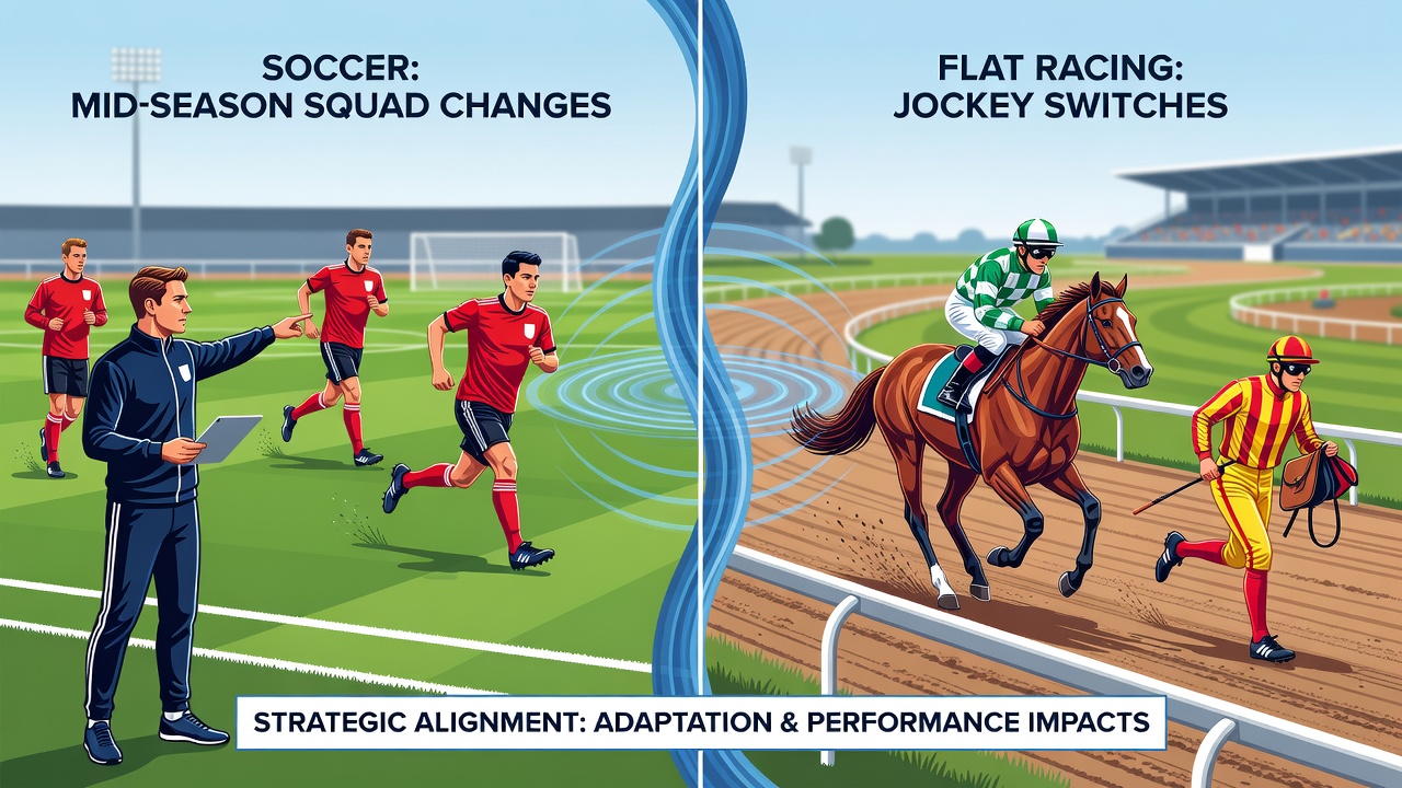Jockey changing mounts during flat racing meet with data overlays for parlay construction insights