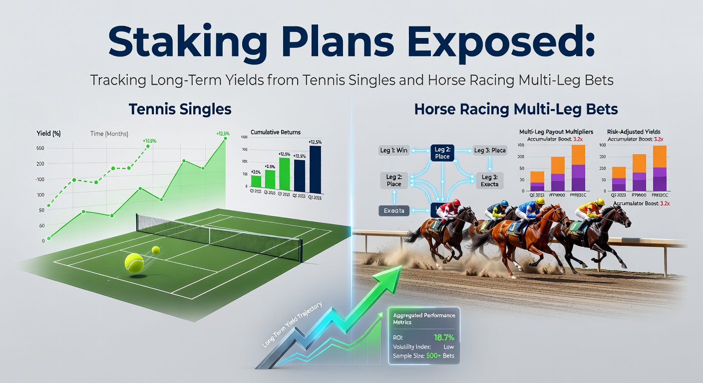 Line graph comparing cumulative yields over five years for level-stake tennis singles versus variable-stake horse racing multis, highlighting steady growth in tennis and volatile swings in multis