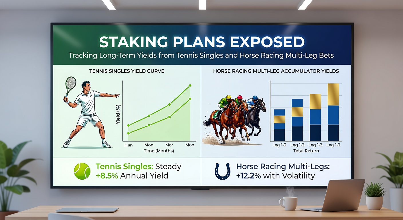 Bar chart illustrating average annual ROI for various staking plans in horse racing multis versus tennis singles, with multis showing higher peaks but deeper troughs over a decade
