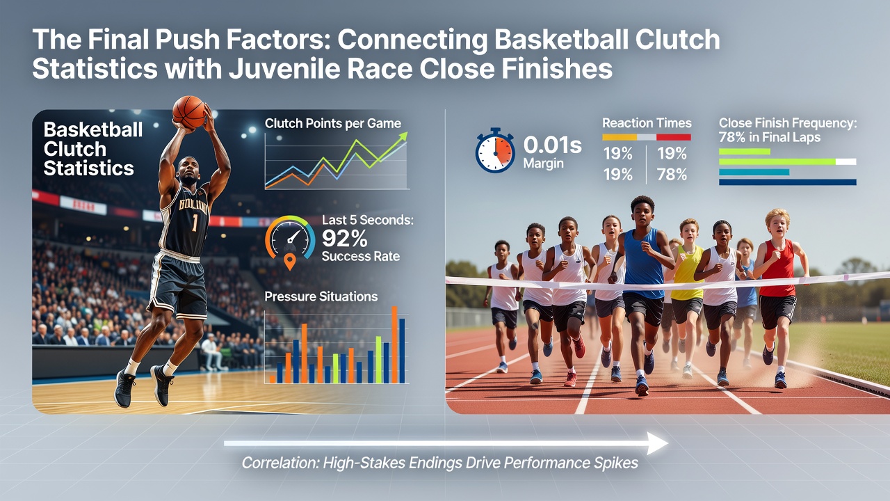 Data visualization overlay showing basketball clutch statistics next to juvenile horse race photo-finish charts