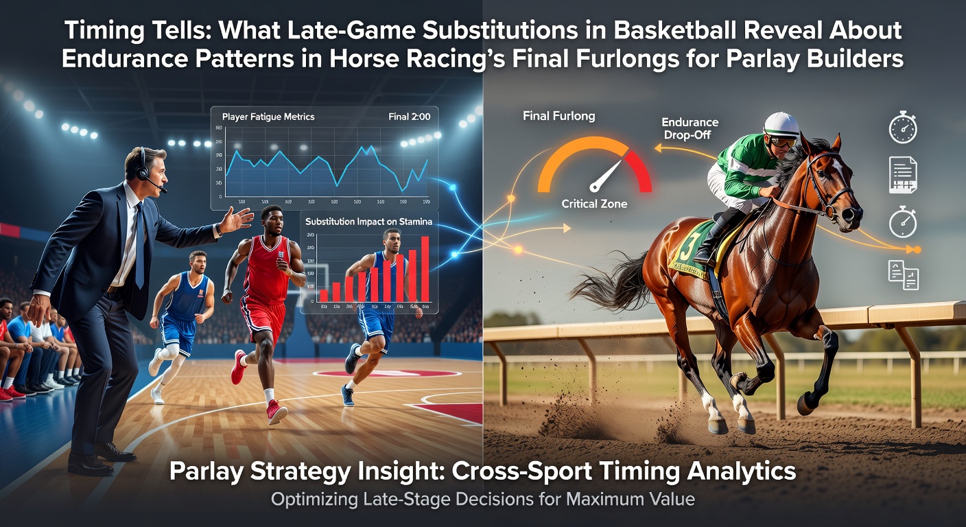 Basketball player entering late in a game next to a thoroughbred horse in the final stretch of a race, illustrating endurance patterns across sports