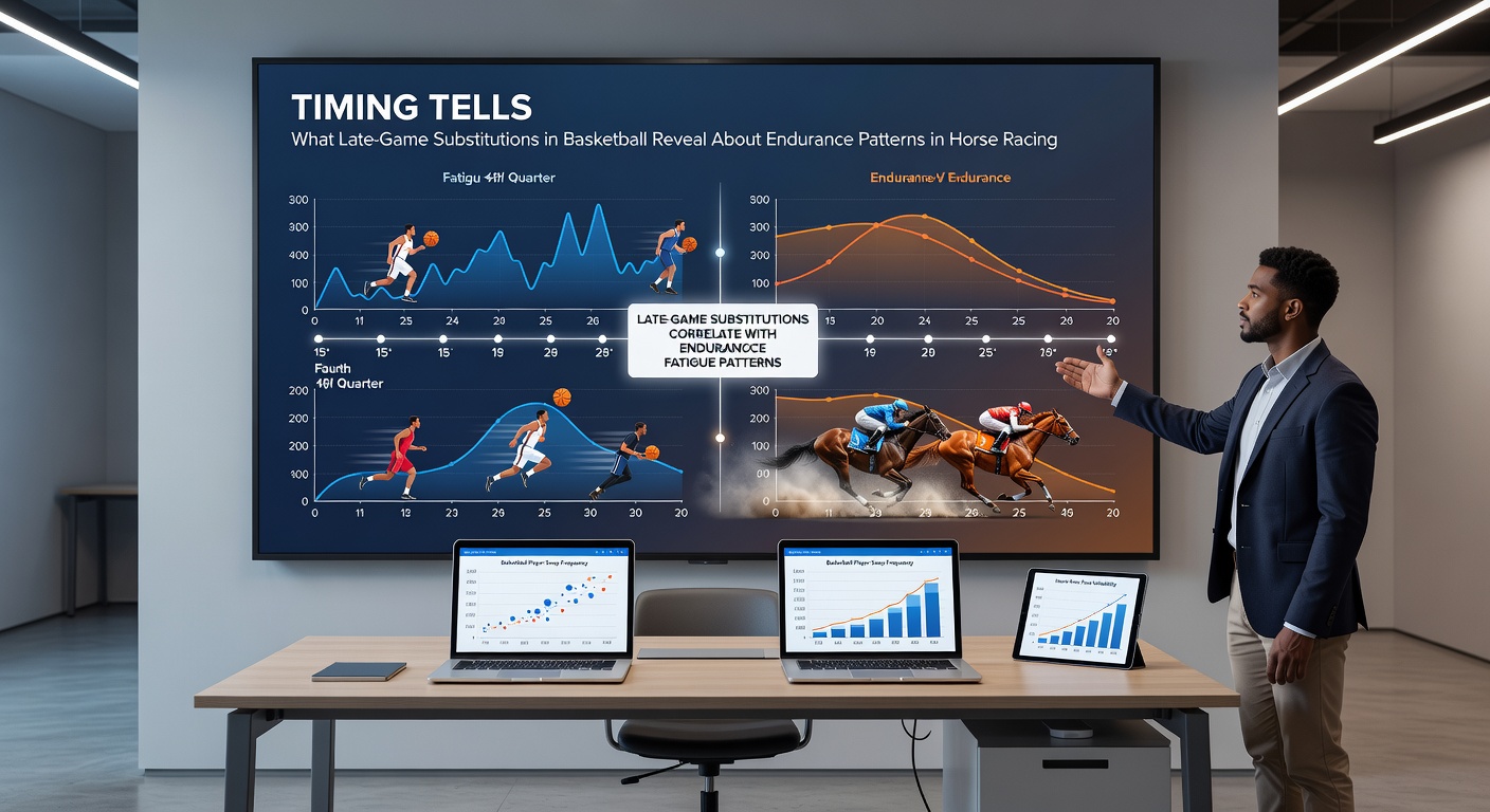 Data charts showing basketball substitution timing alongside horse racing final furlong speed graphs for endurance analysis