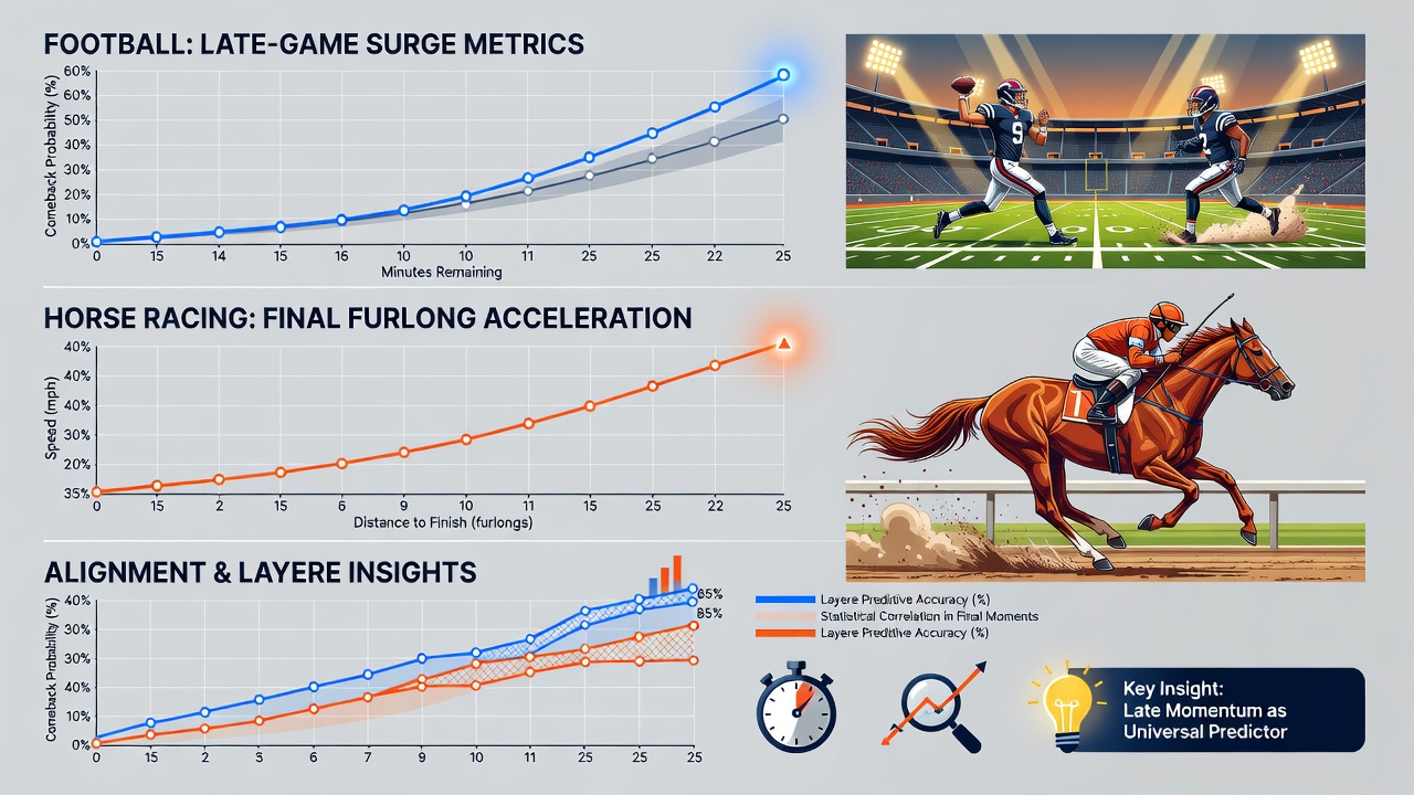 Split-screen view of a soccer match scoreboard showing a comeback goal and a horse race photo finish at the winning post