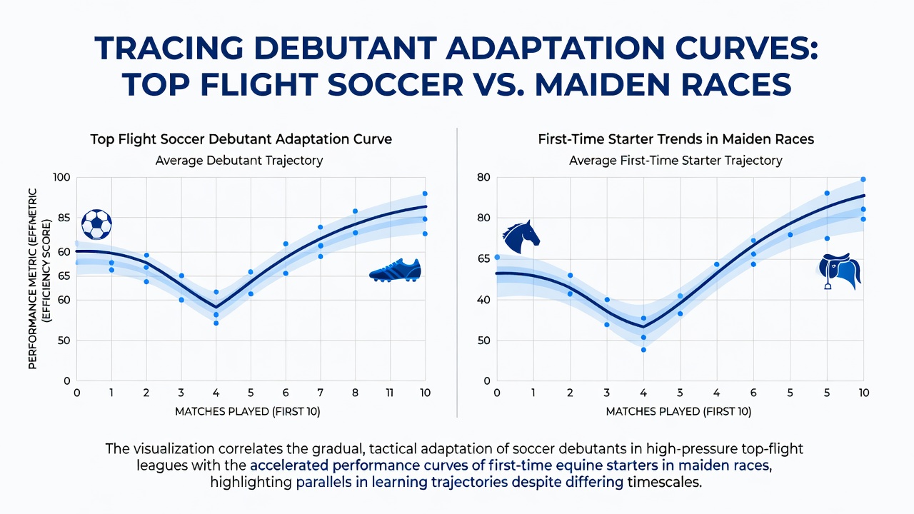 Charts comparing debutant performance curves in soccer and horse racing maiden events